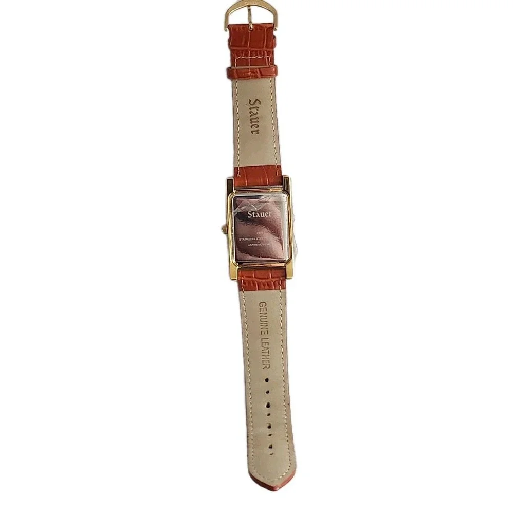 Stauer Castille Watch 26694 Stainless Steel Caseback Genuine Leather Band